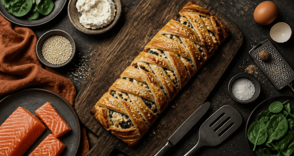 recette feuilleté salé tressé doré sur planche bois