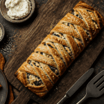 recette feuilleté salé tressé doré sur planche bois