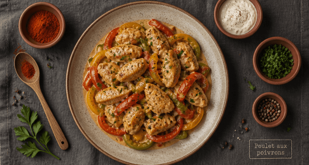 recette poulet poivron en sauce, assiette colorée