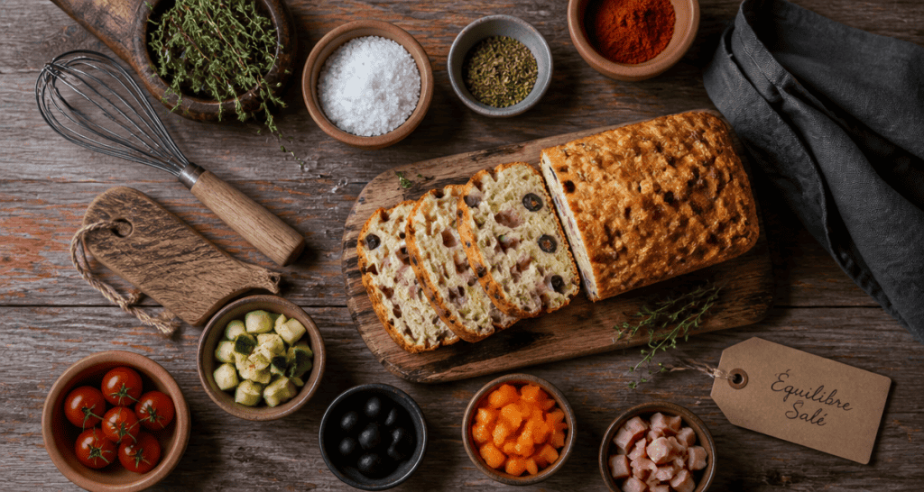 recette salé cake olives jambon sur table rustique