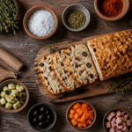 recette salé cake olives jambon sur table rustique