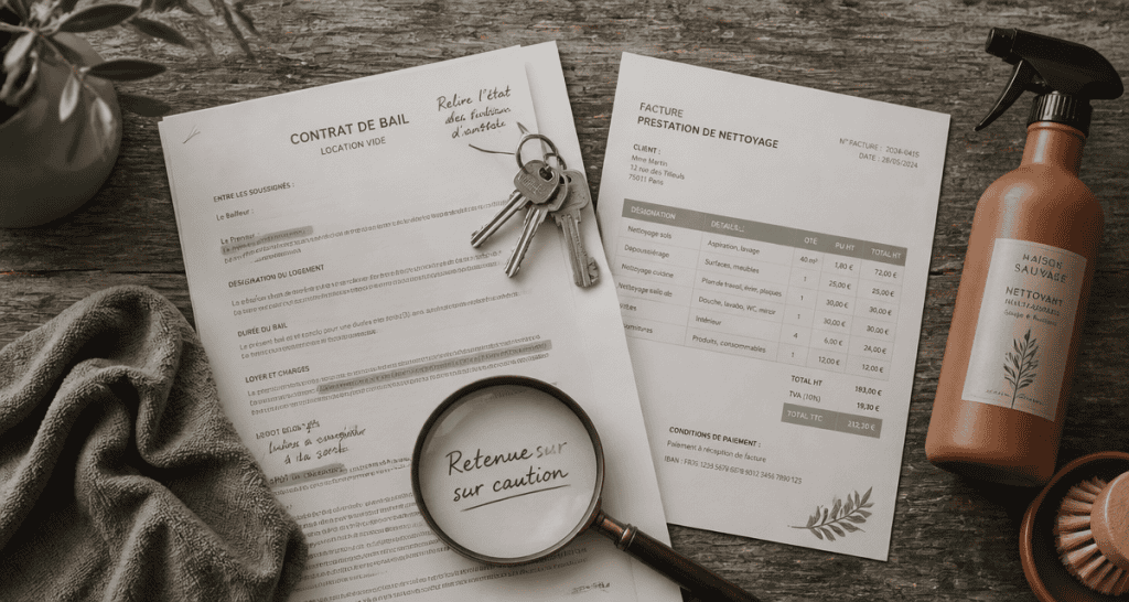 Retenue sur caution pour nettoyage, contrat, clés et facture