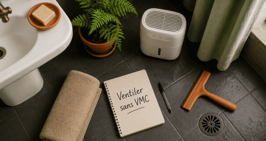 ventiler une salle de bain sans vmc, vue flat-lay déco moderne
