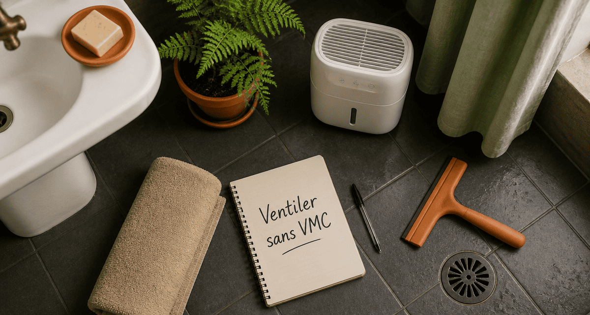 ventiler une salle de bain sans vmc, vue flat-lay déco moderne