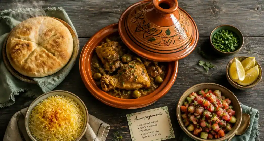 Accompagnement tajine marocain : alternatives au pain, tajine au poulet olives et riz basmati.