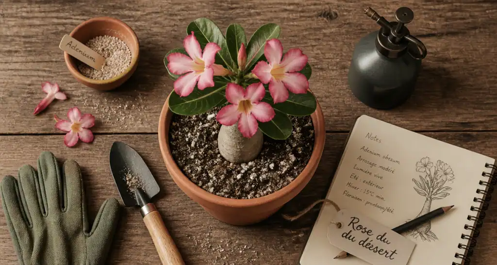 adenium rose du désert en pot sur table avec outils