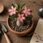 adenium rose du désert en pot sur table avec outils