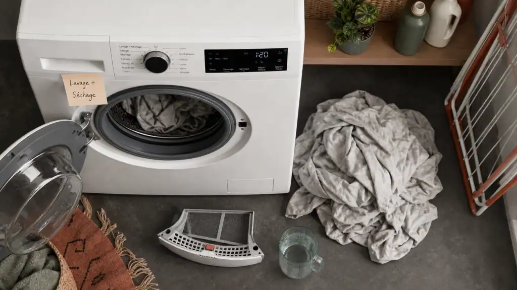 Avis lave linge séchant : buanderie compacte et linge humide en cours de séchage