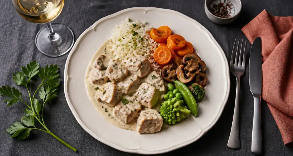blanquette de veau accompagnement avec riz et légumes