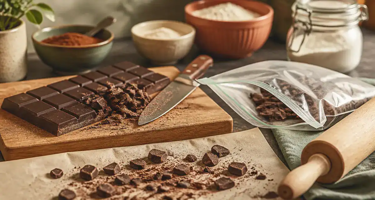 Comment casser une tablette de chocolat en pepites : tablette, couteau, pépites