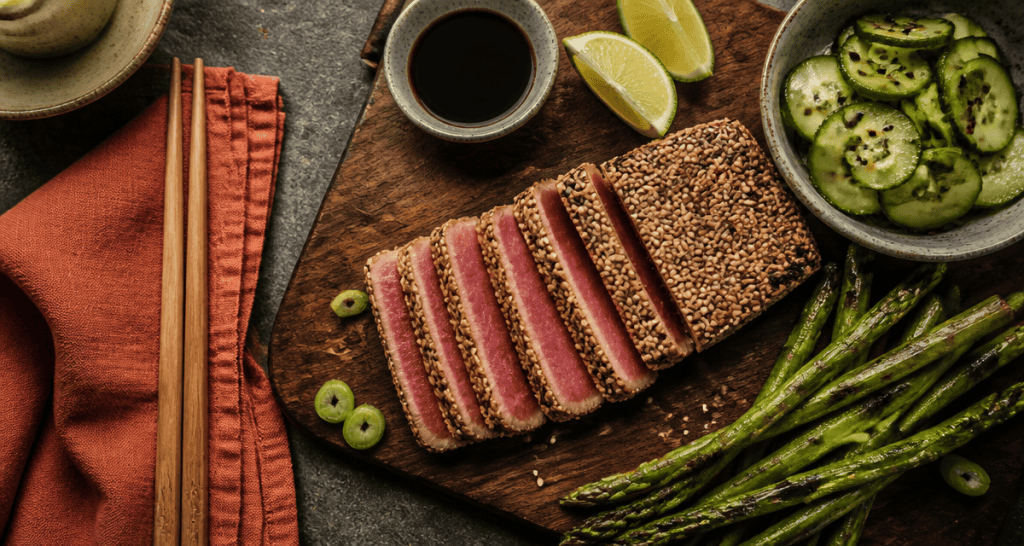 cuisson d un steak de thon mi cuit sésame planche bois