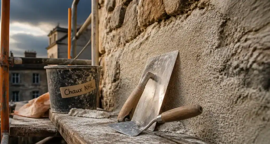 enduit à la chaux facade sur mur en pierre