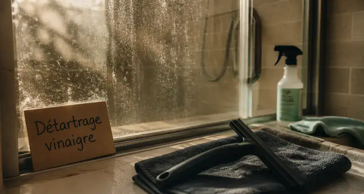 Enlever le calcaire sur les parois de douche : verre sans rayures, traces blanches de calcaire.