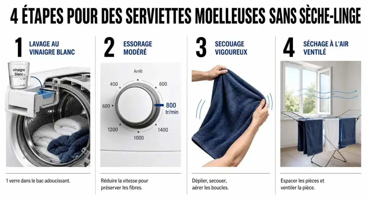 Infographie des étapes pour avoir des serviettes de toilette moelleuses sans sèche-linge
