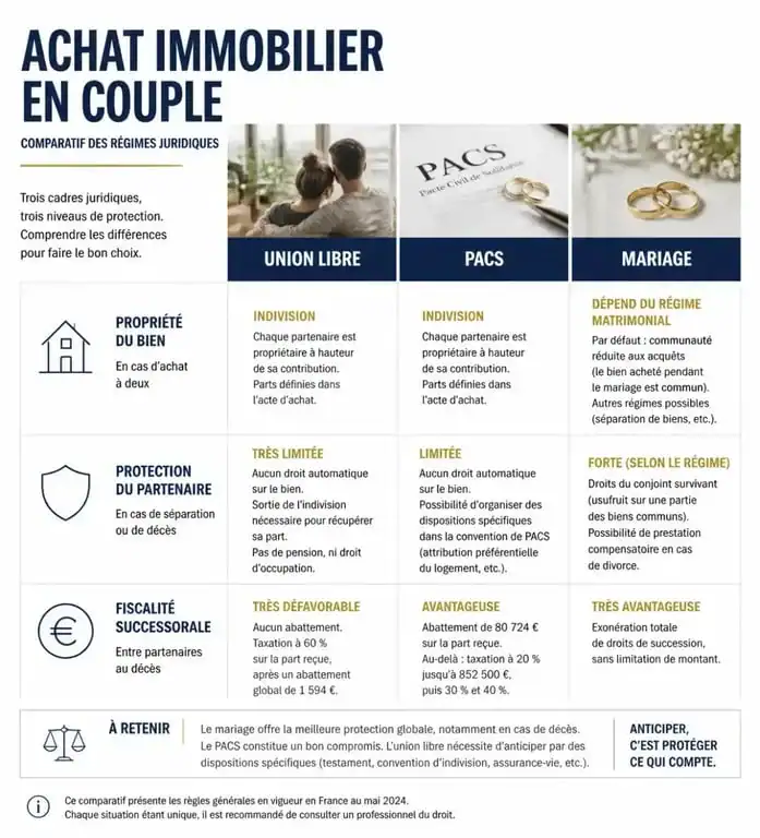 Infographie comparative PACS et achat immobilier : régimes juridiques et protection du partenaire