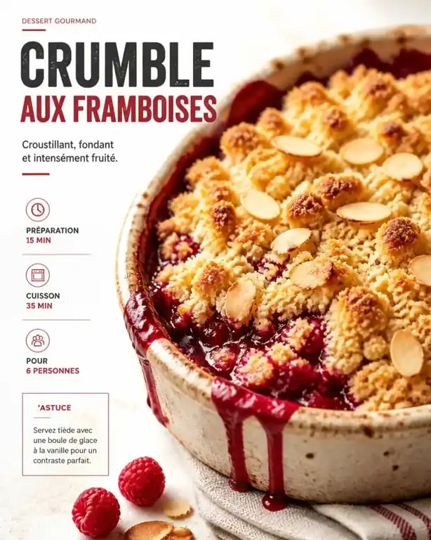 Recette de crumble framboise poudre amande dans un plat en céramique