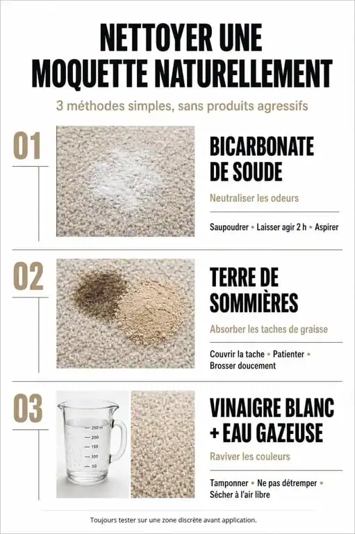 Infographie des méthodes naturelles pour nettoyer une moquette efficacement