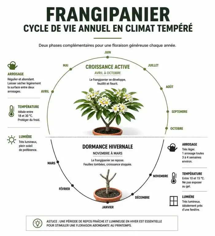 Infographie sur le cycle de culture et l'entretien des fleurs de frangipanier en pot
