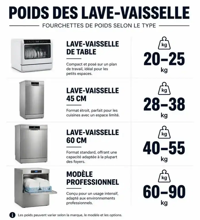 Infographie comparant le poids moyen d'un lave-vaisselle selon le modèle : table, 45 cm, 60 cm et professionnel.