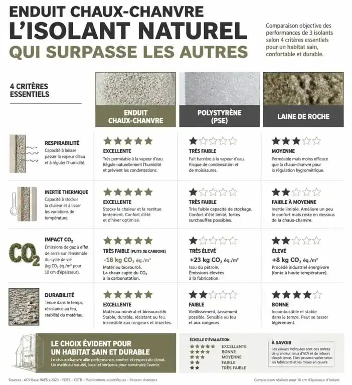 Comparatif des performances de l'enduit chaux chanvre extérieur par rapport aux isolants classiques