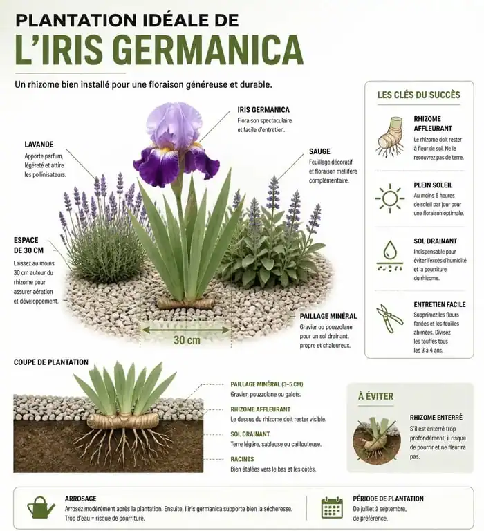 Schéma de plantation idéale pour iris : que mettre au pied des iris pour une bonne floraison