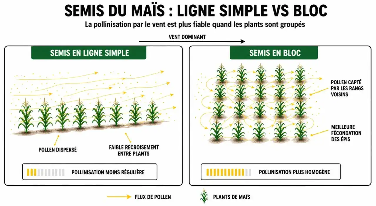 Schéma illustrant la technique de semis du maïs en bloc pour une meilleure pollinisation