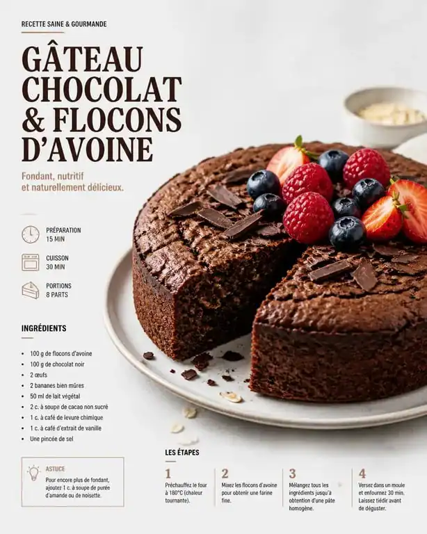 Gâteau au chocolat et flocons d'avoine healthy, une alternative saine et gourmande.