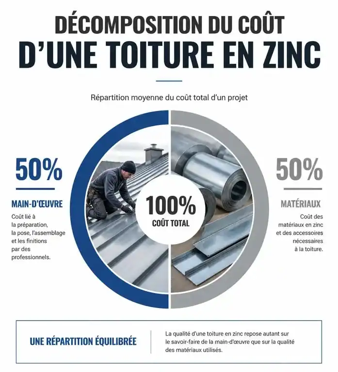 Graphique illustrant la décomposition du prix d'un toit en zinc entre matériaux et main-d'œuvre