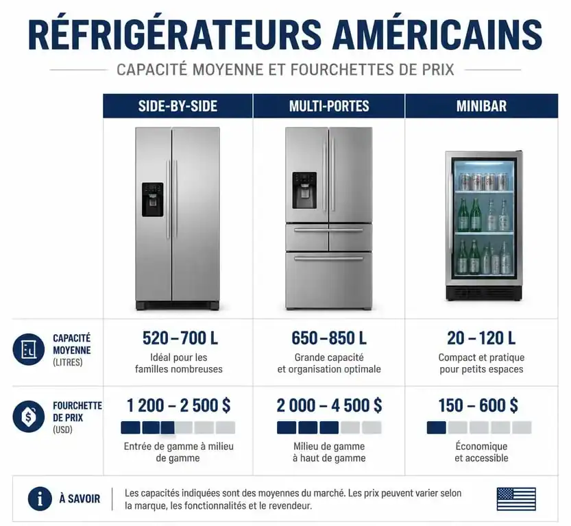 Comparatif des types de frigo américain : capacité et prix usine
