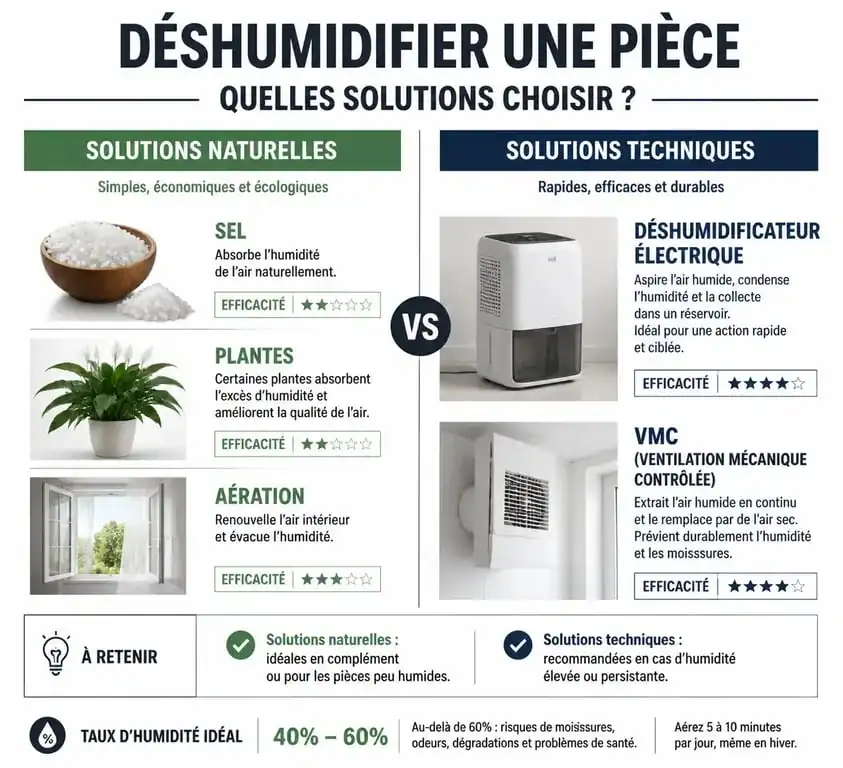 Infographie comparative des méthodes pour déshumidifier une pièce efficacement
