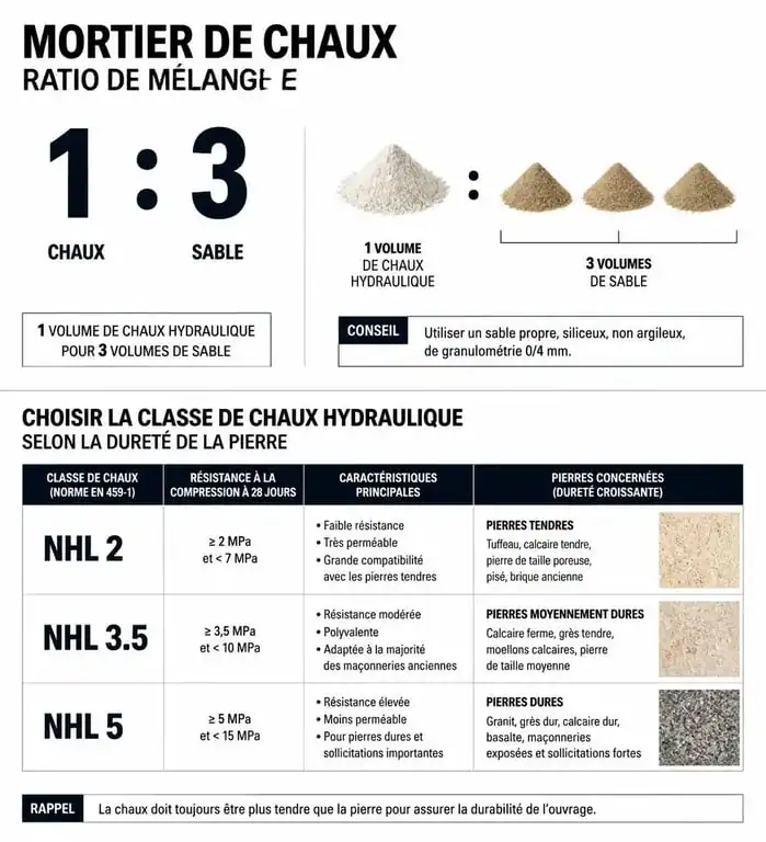 Infographie sur le dosage du mortier de chaux pour mur en pierre et choix de la chaux hydraulique