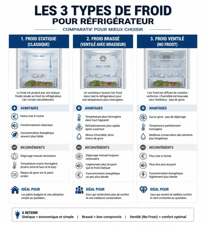 Comparatif des technologies de froid pour réfrigérateur : statique, brassé et ventilé