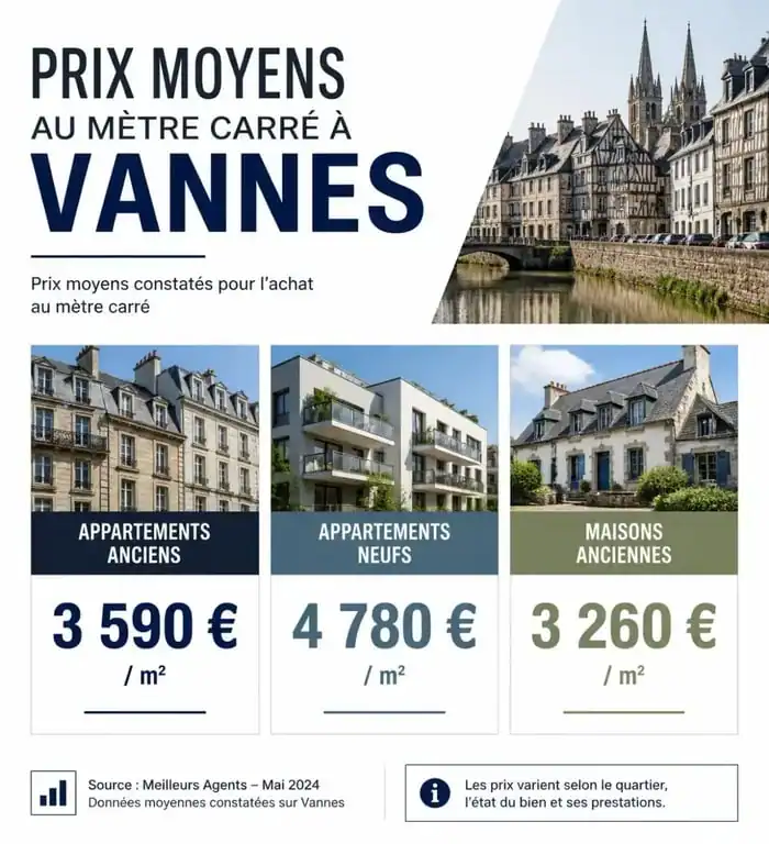 Prix immobilier Vannes : infographie des tarifs moyens au m² par type de bien