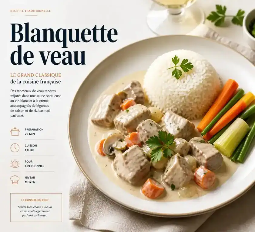 Blanquette de veau et son accompagnement de riz et légumes de saison dans une assiette élégante
