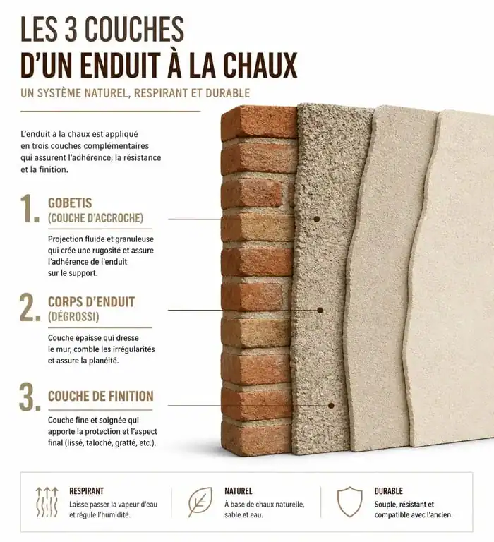 Schéma des trois couches d'application d'un enduit à la chaux sur un mur