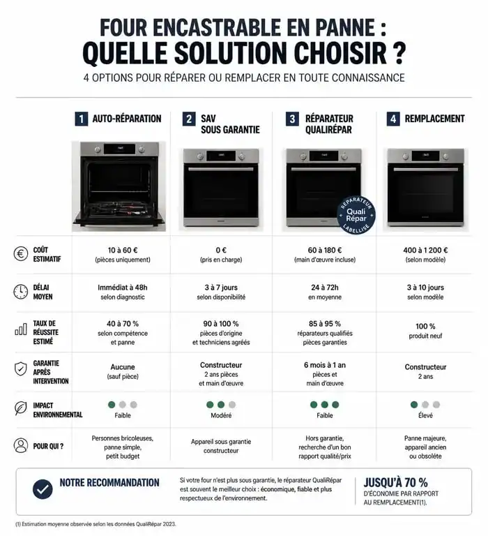 Infographie comparative des solutions de réparation pour four encastrable : auto-réparation, SAV, QualiRépar et remplacement.