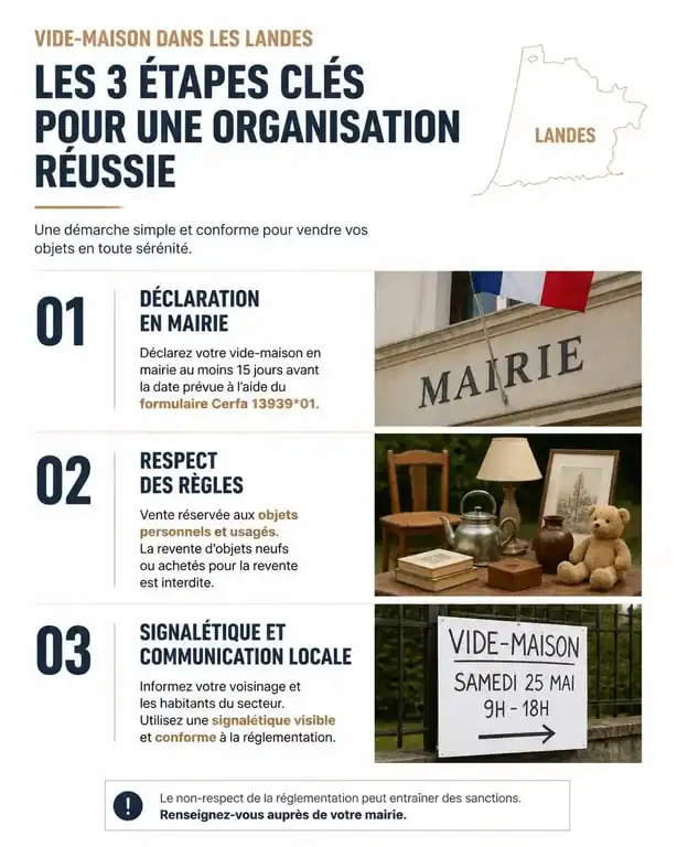 Infographie des étapes pour organiser un vide-maison dans le 40