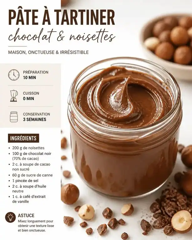Pâte à tartiner healthy maison au chocolat et noisettes dans un bocal en verre.