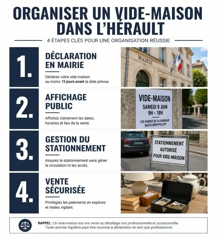 Infographie des étapes pour organiser un vide maison 34 légalement