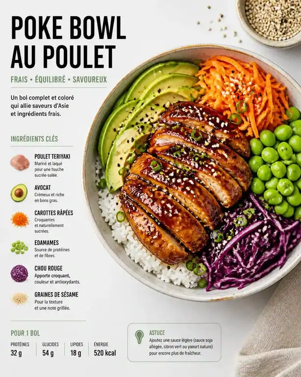 Poke bowl au poulet fait maison avec légumes frais et riz, recette poke bowl poulet