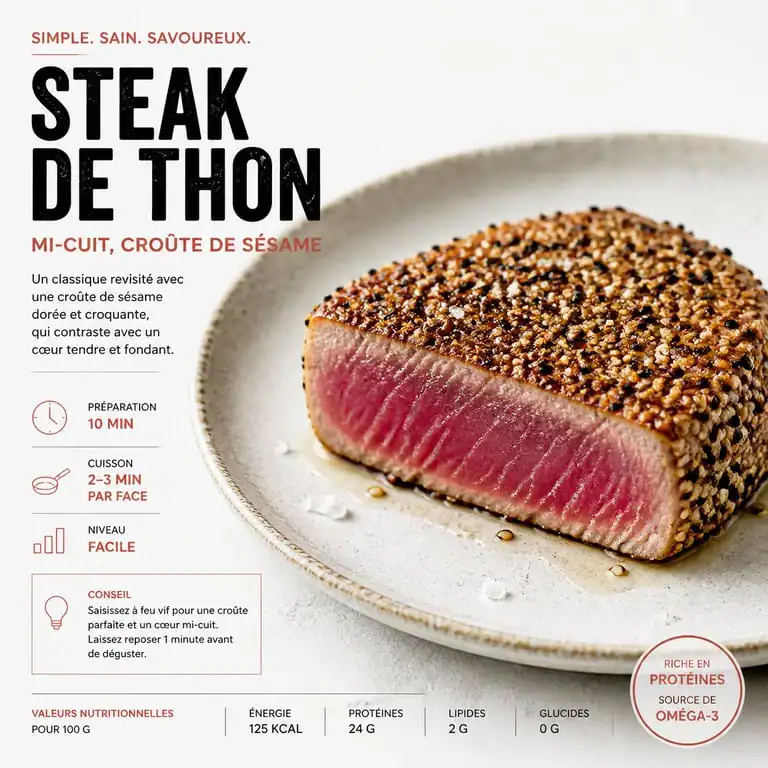Steak de thon mi-cuit saisi à la poêle avec croûte de sésame