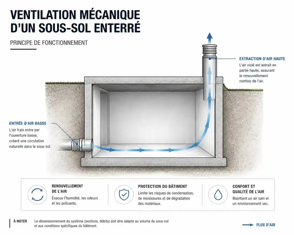 Schéma de principe de la ventilation mécanique d'un sous-sol pour lutter contre l'humidité et le radon