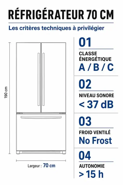 Infographie des critères techniques pour choisir le meilleur réfrigérateur 70 cm de largeur