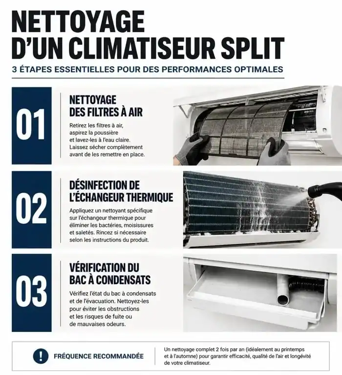 Infographie des étapes de nettoyage d'un climatiseur pour un entretien efficace