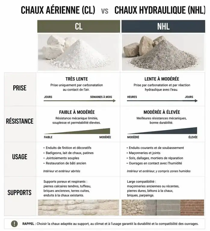 Tableau comparatif des types de chaux pour enduit à la chaux façade : aérienne vs hydraulique