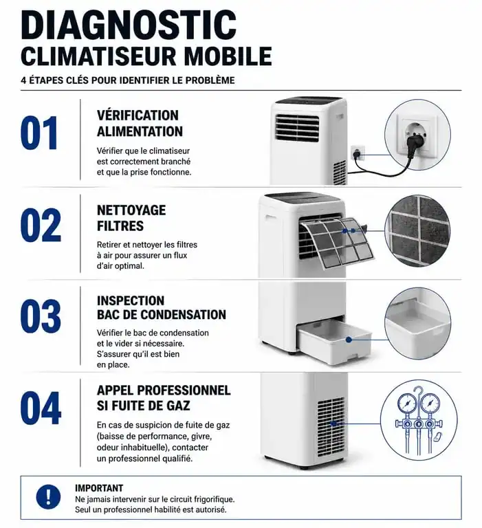 Infographie des étapes de réparation et diagnostic d'un climatiseur mobile