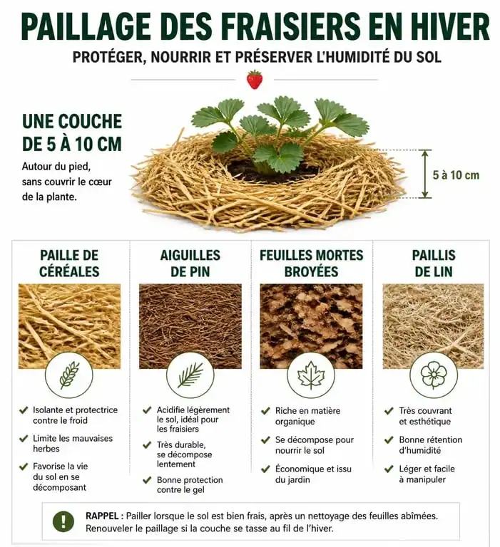 Infographie des différentes méthodes de paillage pour protéger les fraisiers avant l'hiver