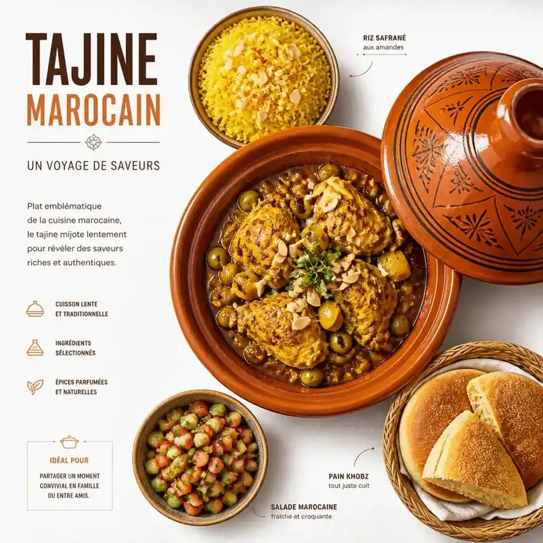 Accompagnement tajine : tajine marocain servi avec riz safrané, salade et pain traditionnel