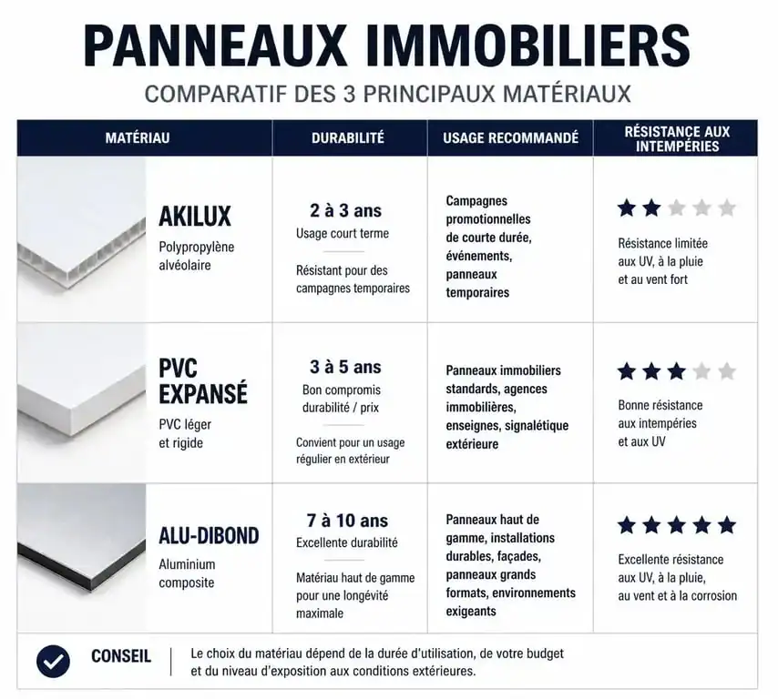 Comparatif des matériaux pour panneaux d'agence immobilière : Akilux, PVC et Alu-Dibond