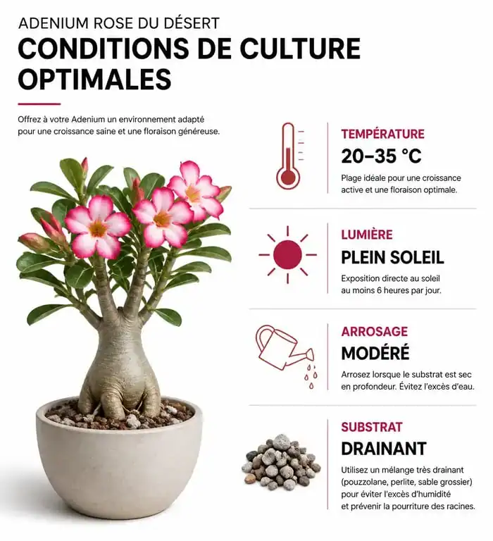 Infographie des conditions de culture de l'Adenium rose du désert : température, lumière, arrosage et substrat